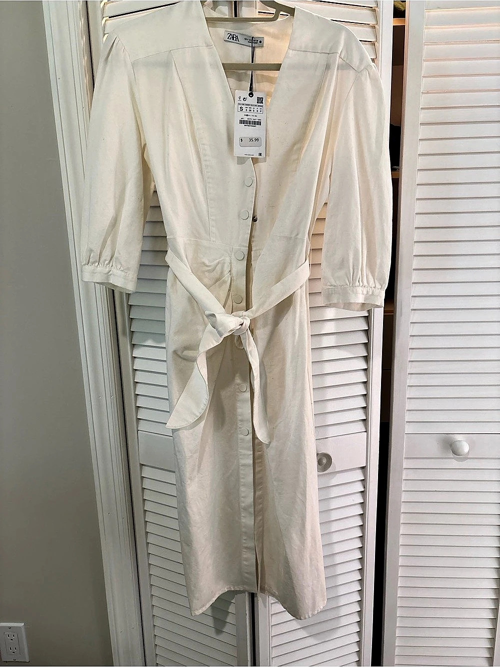 Zara Linen Blend V-Neck Rustic Dress White Size Small